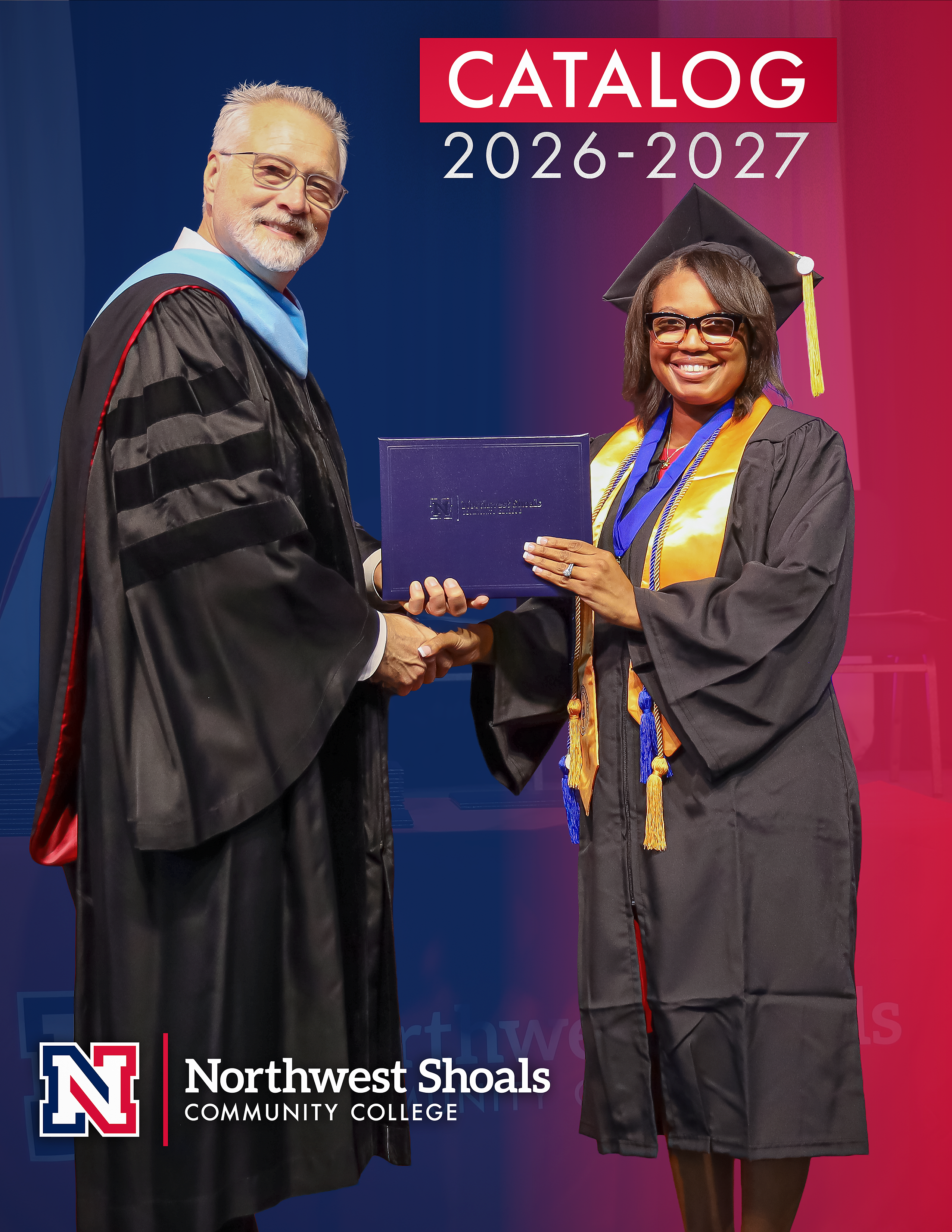Cover image of the 2026-2027 Northwest Shoals Community College Catalog displaying a student graduating from Northwest Shoals and receives her diploma on stage from the College President